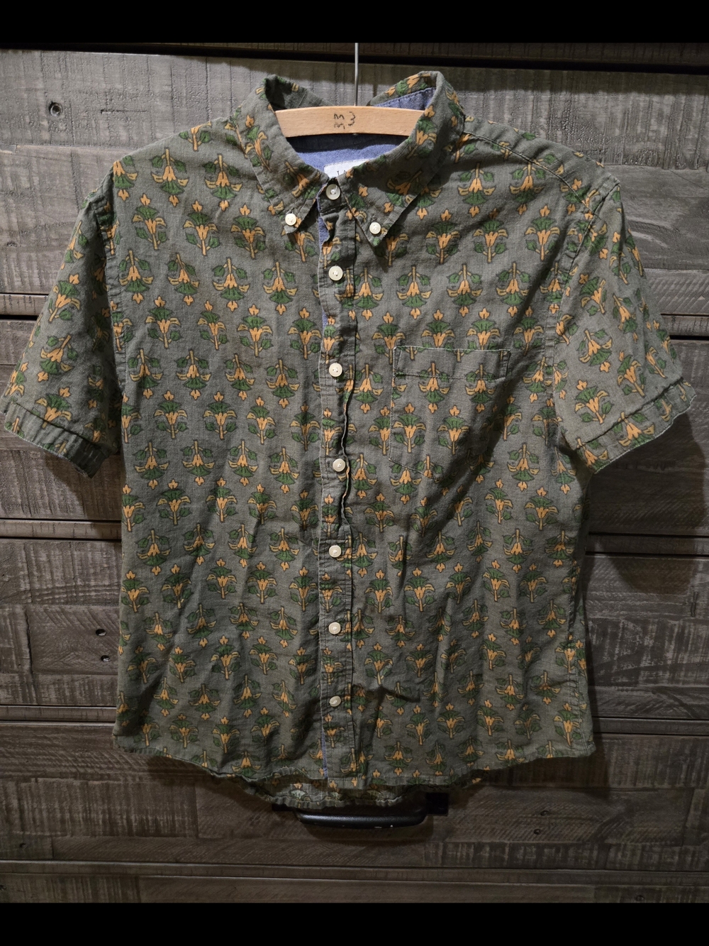 Jachs New York Men's Medium Olive Floral Print Button Front Short Sleeve Shirt
